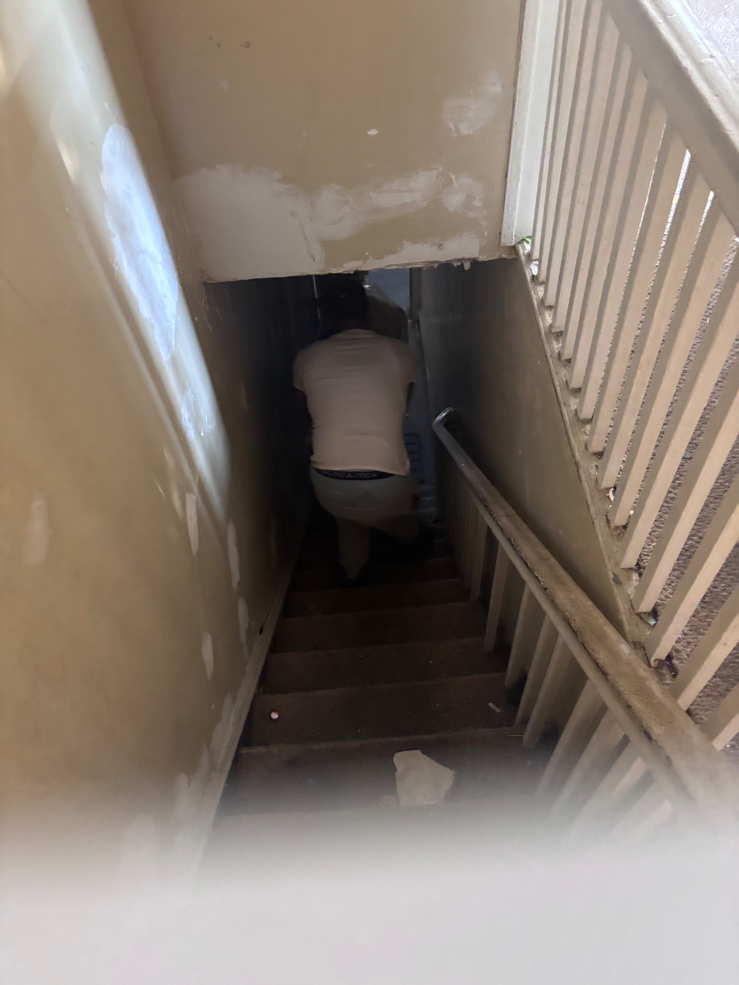 B.L.O.O.M. Entity crew hauling items down a narrow rowhome stairwell during a full house cleanout